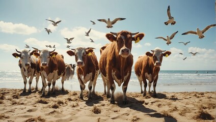 A group of curious cows, their ears perked up, exploring the sandy shores of a tranquil beach with seagulls flying overhead