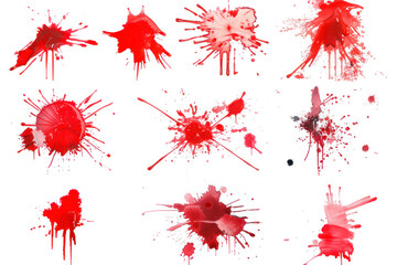Collection various blood or paint splatters, ink splatter background, isolated on white.