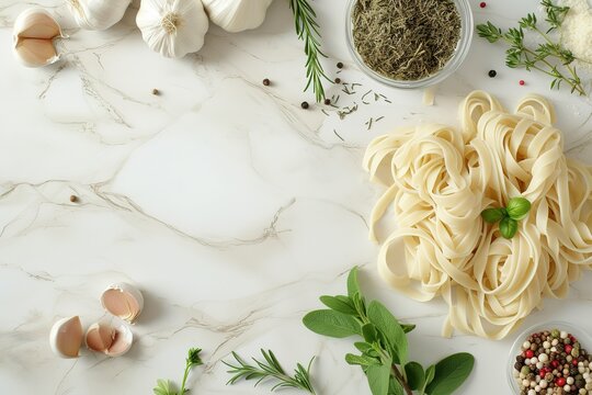 a pasta, veggies, and herbs on a white table