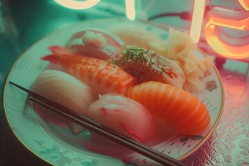 a plate with sushi, chopsticks, and neon sign