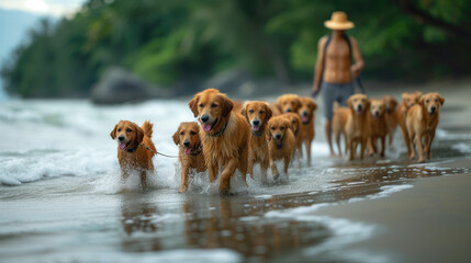 The dog gang enjoys playing on the beach with their owners.