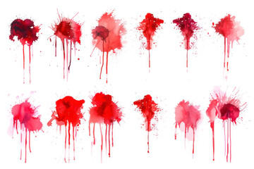 Collection various blood or paint splatters, ink splatter background, isolated on white.