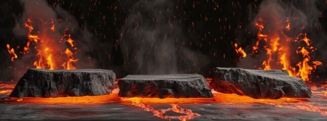Fire lava podium rock volcano background product magma display 3d scene stone floor. Platform lava podium mountain fire smoke stage hot outdoor ground geometric isolated blast abstract texture meteor - obrazy, fototapety, plakaty