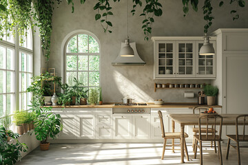 White modern kitchen interior composition. Rustic interior design. Generative AI