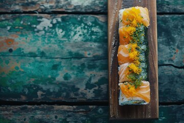 a sushi roll on a wooden background