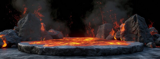 Fire lava podium rock volcano background product magma display 3d scene stone floor. Platform lava podium mountain fire smoke stage hot outdoor ground geometric isolated blast abstract texture meteor - obrazy, fototapety, plakaty