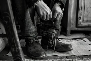 black and white image of a man tying his shoes by his chair - obrazy, fototapety, plakaty