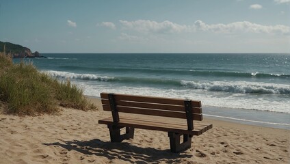 Fototapeta na wymiar A Wooden Bench on The Beach