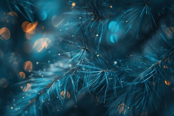 Fototapeta premium a close-up of a pine tree with blue and gold lights, blue fiber