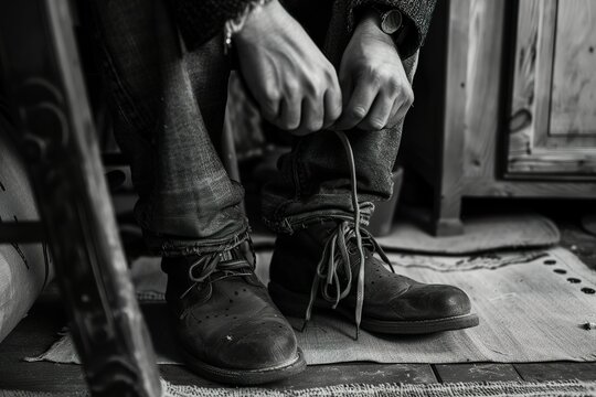 black and white image of a man tying his shoes by his chair