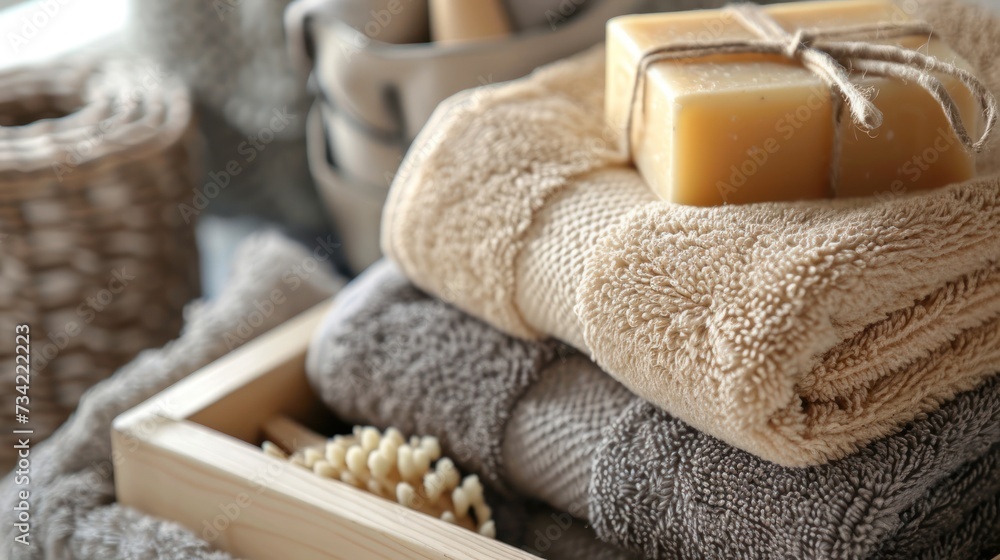 Aufkleber a pile of towels sitting on top of a wooden box next to a brush and a wooden container with a soap b