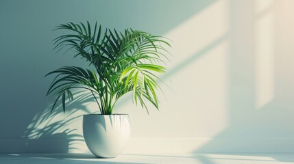 Fototapeta na wymiar a potted plant in a white planter on a white floor in a white room with a light coming through the window and a shadow cast on the wall.