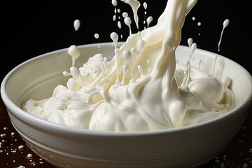 Milk overflowing with a dessert bowl., generative IA