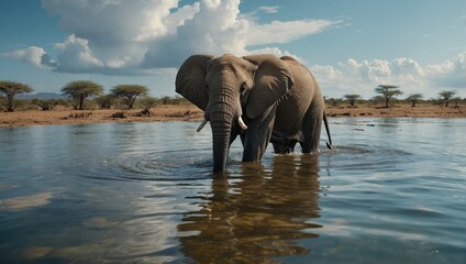 Aerial photo shot of an African Elephant wading through the shallow waters