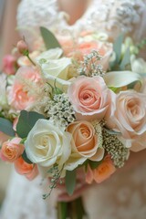 A bride is holding a beautiful bouquet of pink and white roses