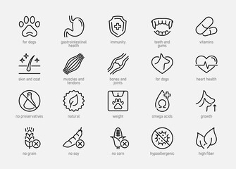 Dog Food Properties Vector Icon Set in Outline Style