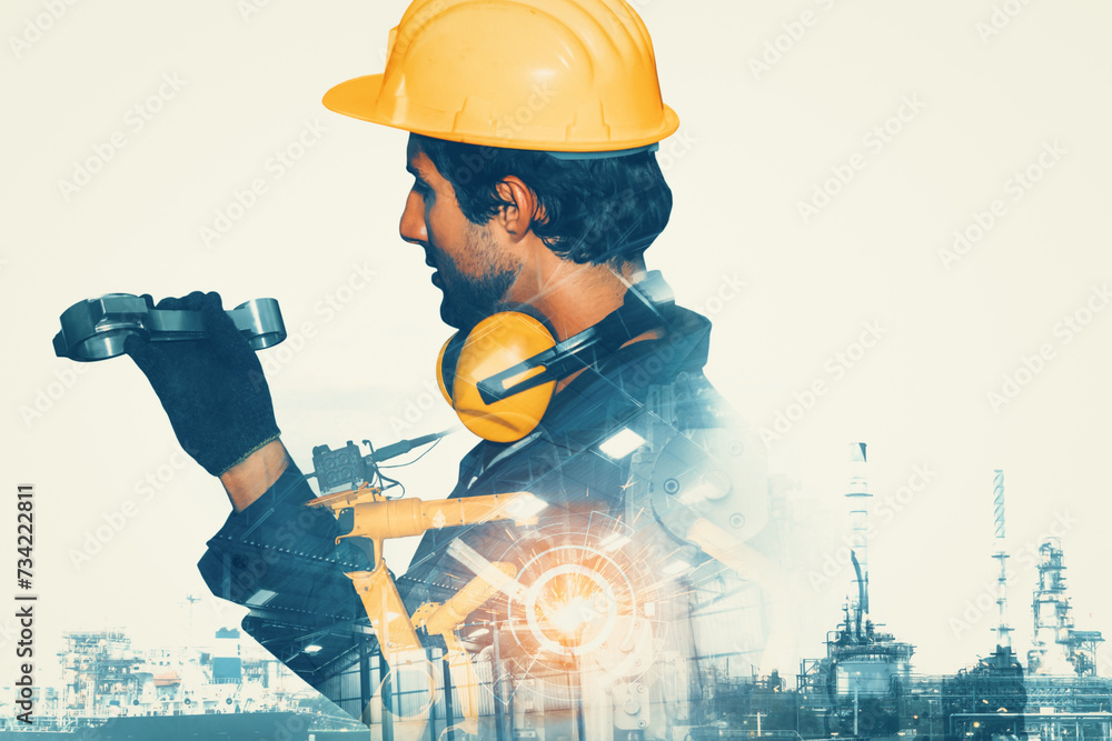 Poster xai mechanized industry robot arm and factory worker double exposure. concept of robotics technology