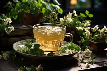 Jasmine tea in glass cup floral serenity., generative IA