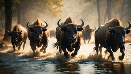 Papier Peint photo Buffle african buffalos running through the water