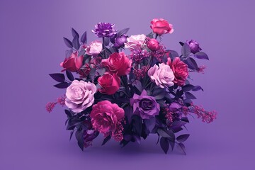 gift bouquet purple roses against a purple background 3d rendering