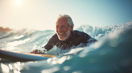 An active senior man in a wetsuit is surfing a wave, skillfully balancing on his surfboard with a focused expression.