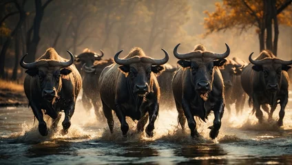 Foto op Canvas african buffalos running through the water © HEAVEN LIFE