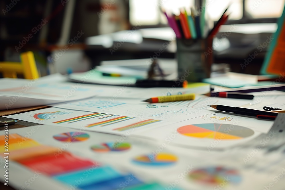 Poster graphs and business graphs on a desk