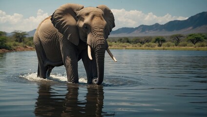 Fototapeta na wymiar African Elephant stands at edge of water