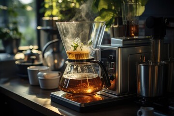 Coffeeier dripping fresh coffee in a sunny environment., generative IA