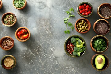 healthy food in various bowls on a gray background