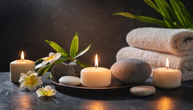 moody picture of a zen inspired spa scene with candles on a dark background