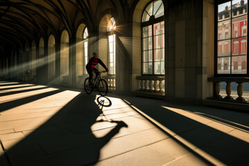 Sunset Ride: Cyclist's Journey through Illuminated Hall