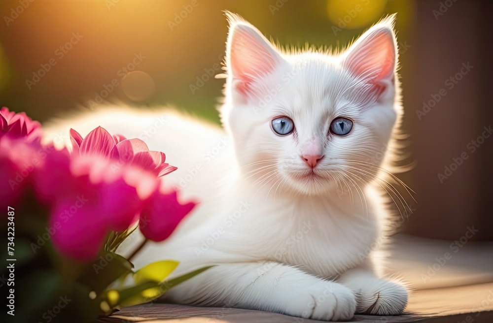 Wall mural Cute little white kitten with flowers isolated on white