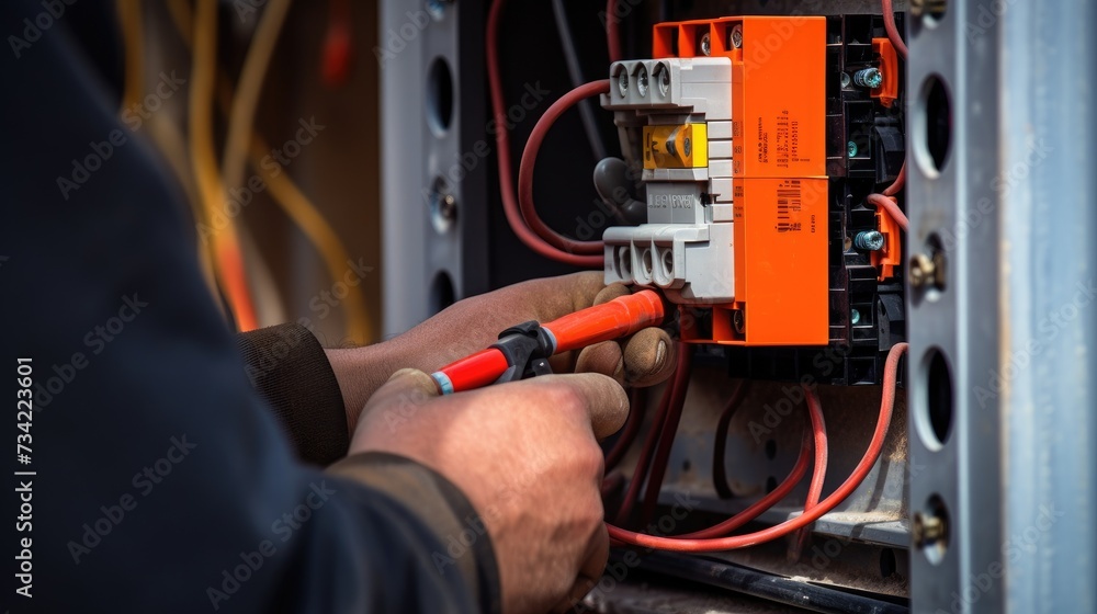 Poster close up detail of an electrician hands working with wires and fuse switch box.