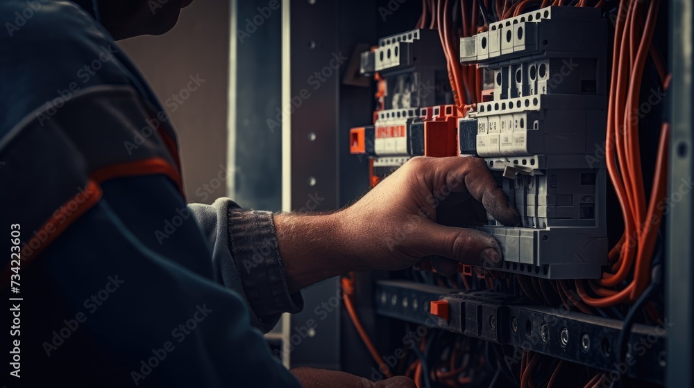 Aufkleber close up detail of an electrician hands working with wires and fuse switch box.