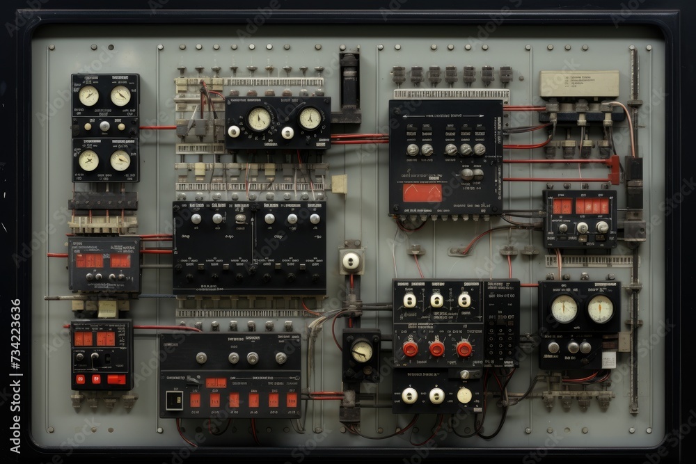 Poster Control panel with static energy meters and circuit-breakers