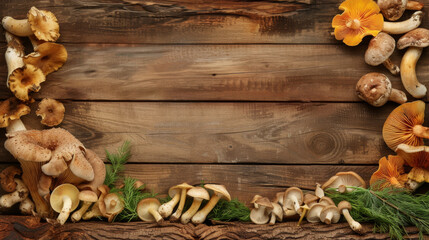 An array of assorted edible mushrooms displayed on a rustic wooden table, accompanied by green dill, showcasing the natural variety and beauty of autumn harvest.