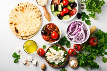 Greek food background. Meze, gyros, souvlaki, fish, pita, greek salad, tzatziki, assortment of feta, olives and vegetables. Traditional different greek dishes set.