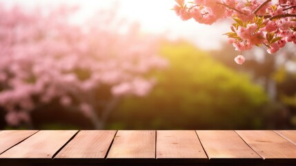 Empty wooden table in Sakura flower Park with garden bokeh background with a country outdoor theme, Template mock up for display of product