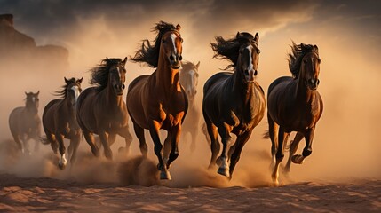 Group of horses running gallop in the desert. - obrazy, fototapety, plakaty