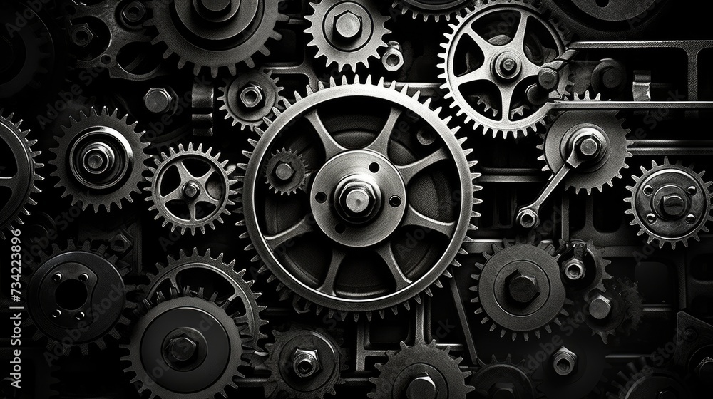 Poster retro black and white background of industrial cogs or gears with movement