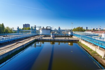 Modern wastewater treatment plant of chemical factory. Water purification tanks