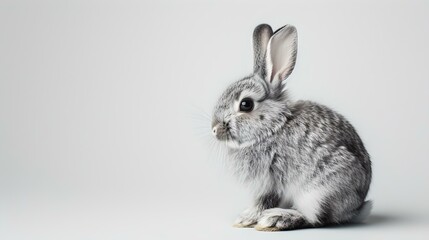 Adorable grey bunny posed on a clean white backdrop, perfect for spring themes. captivating simple wildlife portrait. ideal for calendars and greeting cards. AI