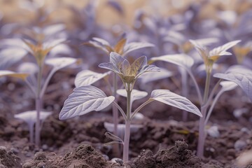 plants in the seedbed, a close-up of a field of small plants with dirt

