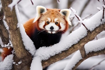 Red panda in snow covered tree