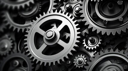 Retro black and white background of industrial cogs or gears with movement
