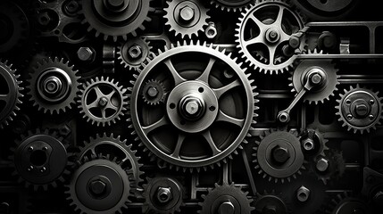 Retro black and white background of industrial cogs or gears with movement