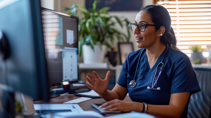 female healthcare professional in blue scrubs sitting at a desk with a computer - obrazy, fototapety, plakaty