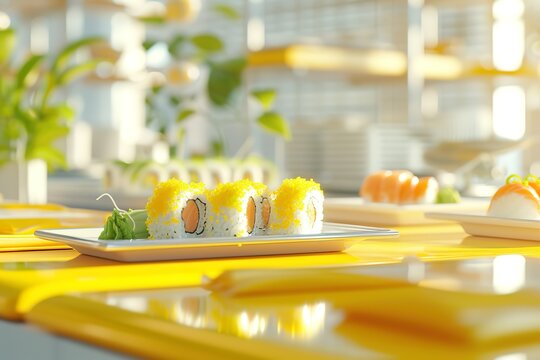 sushi and vegetable plate in a restaurant