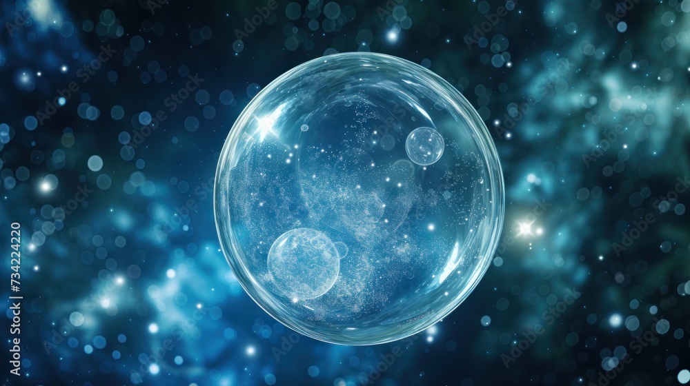 Poster a close up of a glass ball on a blue and black background with a lot of small stars in the middle of